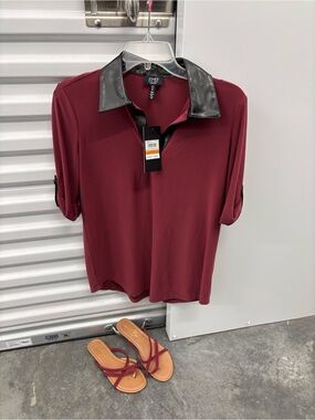 NWT Jones New York Bordeaux Maroon Wine Faux-Leather Collar Roll-Sleeve Top S